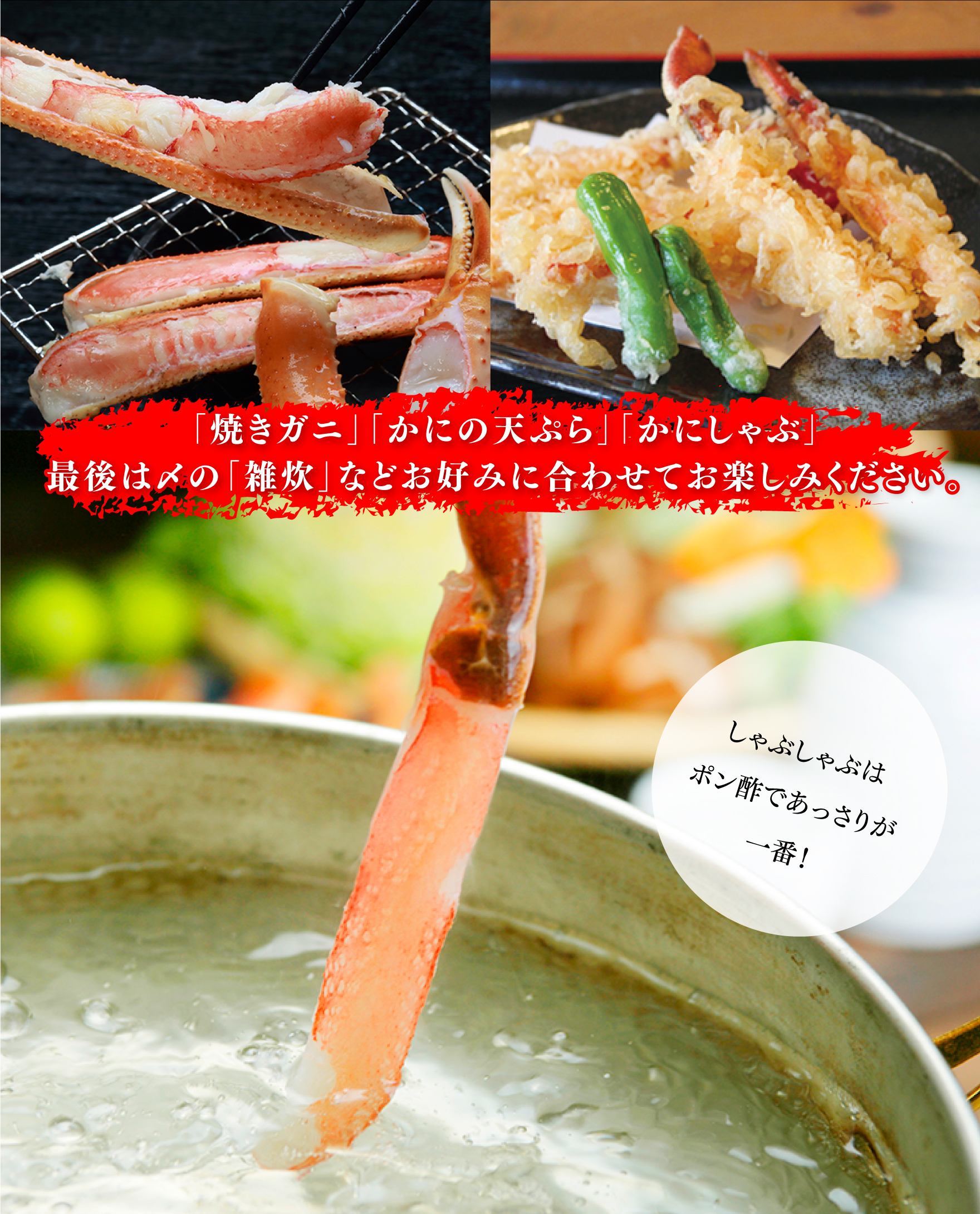 焼きガニ、カニの天ぷら、蟹しゃぶなどでお楽しみください